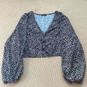 Printed V-Neck Black & Cream Button-up Top